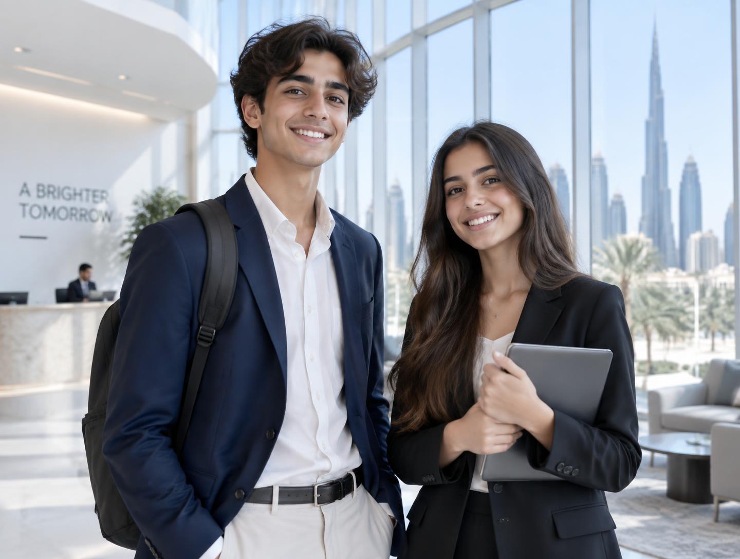 Two students in business attire in a bright Dubai office lobby